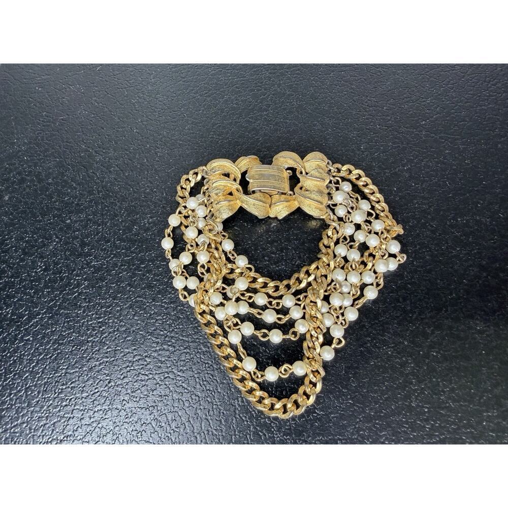 Six Strand White Faux Pearl Gold Tone Chain Bracelet Vintage Hollywood Glam